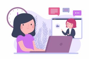 woman at laptop purple